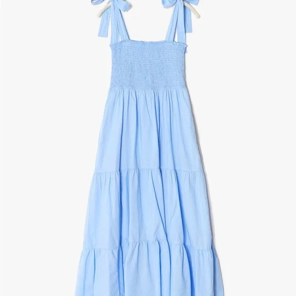 Xirena Loraine Smocked Tiered Cotton Midi Dress Blue Cottage Prairie Summer - Picture 3 of 8